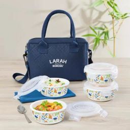 Larah by Borosil White Ziva Navy Opalware Lunch Box with 4 pc Round Container Set & Bag (400 ml)-42