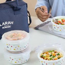 Larah by Borosil White Aria Opalware Lunch Box with 4 pc Round Container Set & Bag (400 ml) image 4