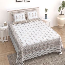 Myntra Elegant Homes White & BrownPrinted Cotton 180 TC King Bedsheet Set2.74m x 2.54m-picture-1