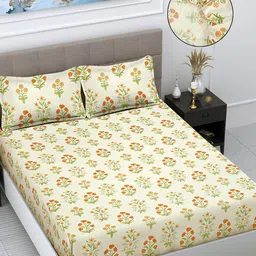 Myntra Elegant Homes Cream-Coloured Floral 300 TC Fitted Super King Bedsheet Set-2.7mX2.7m-image-31