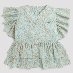 Tiny Girl Short Flutter Sleeves Floral Printed Top - Green-image-9