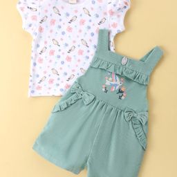 ToffyHouse Cotton Knit Dungaree &Half Sleeves T-Shirt Bird & Floral Embroidery & Bow Applique - Earthen Green-image-68