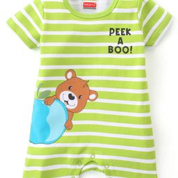 Babyhug 100% Cotton Knit Half Sleeves Romper With Striped Design & Bear Print - Green-image-27