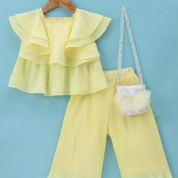 Little Kangaroos Half Sleeves Ruffled Top and Pants Set with Sling Bag - Lemon Yellow-image-5