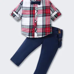 ToffyHouse Poplin Woven Full Sleeves Checkered Shirt & Trouser Set with Bow & Suspender - Navy Blue-picture-34
