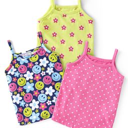 Babyhug Single Jersey 100% Cotton Knit Singlet Sleeves Antibacterial Slips With Polka Dots & Floral Print Pack of 3 - Green Blue & Pink-image-86