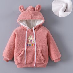 Kookie Kids Full Sleeves Hooded Fur Jacket With Rabit Embroidery Ears Applique & Kangaroo Pockets - Pink-image-62