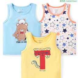 Babyoye Cotton Elastane Knit Sleeveless Vests With Star & Bear Print Pack Of 3 - Yellow White & Light Blue-image-17