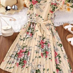 Bolly Lounge Cap Sleeves Floral Printed Dress With Belt - Beige-image-42