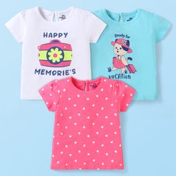 Doodle Poodle 100% Cotton Knit Half Sleeves T-Shirts with Hearts & Text Print Pack of 3 - Dark Pink White & Light Blue-image-27