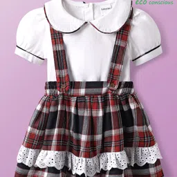 Babyoye Cotton Woven Peter Pan Collar Half Sleeves Checkered Frocks With Inner Tee - White & Red-picture-45