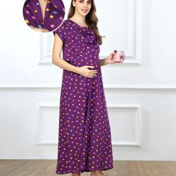 Bella Mama Cotton Knit Half Sleeves Concealed Zipper Nursing Nighty with Pockets Stars & Diamonds Print - Purple-image-95