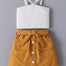 Mark & Mia Sleeveless Solid Color Top & Skirt Set with Fabric Belt - Khaki & White-image-18