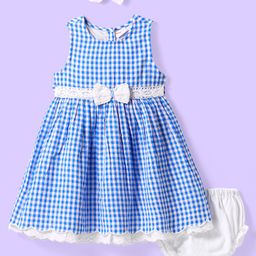 Babyhug Cotton Woven Sleeveless Checkered Frock with Bloomer Headband & Bow Applique - Blue-image-86