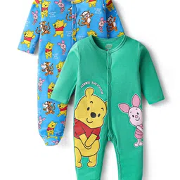 Babyhug Disney Interlock Knit Full Sleeves Footed Sleepsuits With Winnie The Pooh Graphics Pack Of 2 - Blue & Green-picture-22