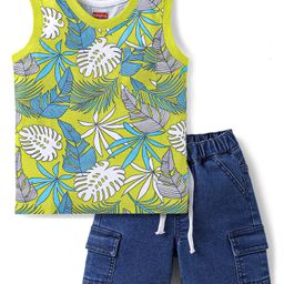 Babyhug Single Jersey Knit Sleeveless Leaves Printed Tank T-Shirt & Shorts Set - Navy Blue & Limegreen-image-87