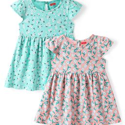 Babyhug Single Jersey Knit Cap Sleeves Floral Printed Dresses Pack of 2 - Aqua Blue & Peach-image-65