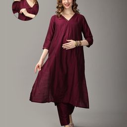 The Mom Store Silk Three Fourth Sleeves Solid Maternity Kurta With Nursing Access & Salwar Set - Maroon-image-25