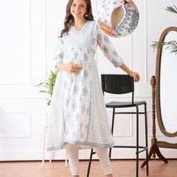 Bella Mama Woven Three Fourth Sleeves Maternity Kurta with Floral Print & Highlighted Neck - White & Blue-image-20