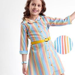 Hola Bonita Woven Three Fourth Sleeves Striped Shirt Style Frock With Belt - Multicolor-image-85