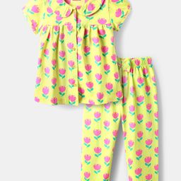 Babyhug Cotton Knit Half Sleeves Front Open Co-Ord Night Suit with Floral Print - Light Green-image-95