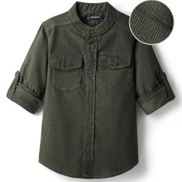 Pine Kids Corduroy Woven Full Sleeves Solid Shirt with Mandarin Collar & Front Pockets - Dark Olive Green-picture-37