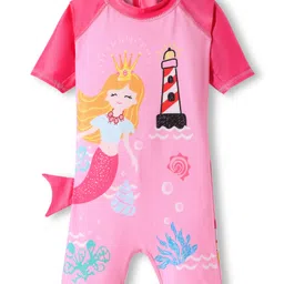 ROVARS Half Raglan Sleeves Legged Swimsuit with Mermaid Theme Print - Dark Pink-picture-11
