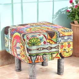 Ikiriya Green & Yellow Printed Wooden Cotton Square Ottoman-37