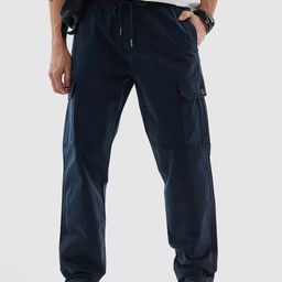 Snitch Men Navy Blue Relaxed Fit Cargos Cotton Trousers-image-64