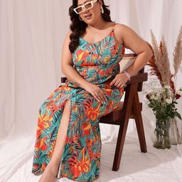 CURVY STREET Plus Size Tropical Printed Slit Maxi Dress-picture-25