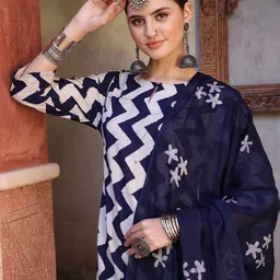 Taavi Chevron Printed Keyhole Neck Pure Cotton Straight Kurta With Trousers & Dupatta-14