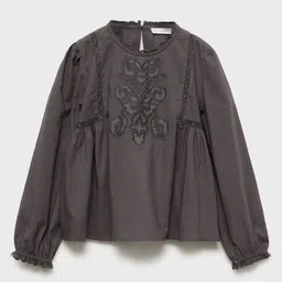 Mango Kids Girls Embroidered Puff Sleeves Pure Cotton Top with Lace-Inserts Detail-5