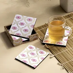 DULI 4Pcs White & Pink Printed Wooden Square Coasters-picture-1