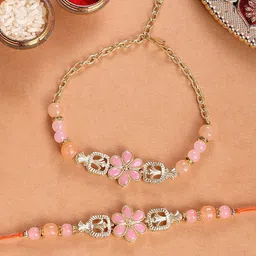 KARATCART Men Gold Plated Pink Floral Kundan Bhiya Bhabhi Rakhi with Roli & Chawal-21