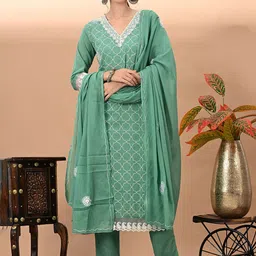 Anouk Geometric Embroidered V-Neck Thread Work Pure Cotton Kurta With Trousers & Dupatta-picture-3