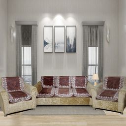 Aura Brown & White 6 Pieces Floral Printed 5 Seater Sofa Covers-image-84