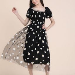 STARWORD Girls Floral Print Net Fit & Flare Midi Dress-42