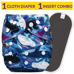 Bembika Reusable Cloth Diaper with Bamboo Insert Whale Print  - Blue-45