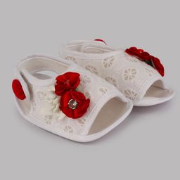 Daizy Flower Embellished Velcro Closure Booties - Red & White-image-37