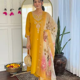 Navlik Women Floral Embroidered Regular Thread Work Kurta with Trousers & With Dupatta-picture-56