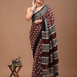 Crafts Moda Ethnic Motifs Pure Cotton Block Print Saree-image-54