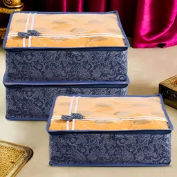 Aura Navy Blue & White 3 Pieces Flower Printed Reusable Drawer Organisers-36