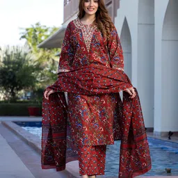 KALINI Floral Printed Thread Work Pure Cotton Kurta with Trousers & Dupatta-image-45