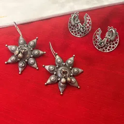 Niska Set Of 2 Silver-Plated Oxidised Ghungroo Beaded Floral Shaped Studs-picture-18