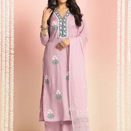 DIVASTRI Floral Printed V-Neck Straight Kurta With Palazzos & Dupatta-picture-4