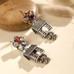 ASMITTA JEWELLERY Silver-Plated AD Studded House Shaped Oxidised Drop Earrings-image-34