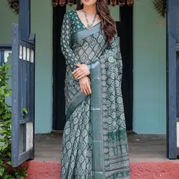all about you Ethnic Motifs Printed Pure Linen Block Print Saree-image-69