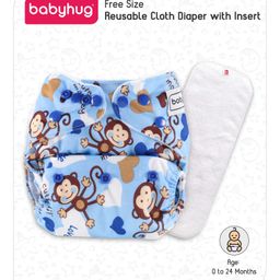 Babyhug Free Size Reusable Cloth Diaper With Insert Monkey Print - Blue image 2