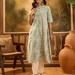 Sangria Floral Printed Mandarin Collar Pure Cotton A-Line Kurta-picture-31