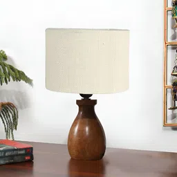 Devansh White & Brown Textured Wooden Cylindrical Shaped Table Lamp-10